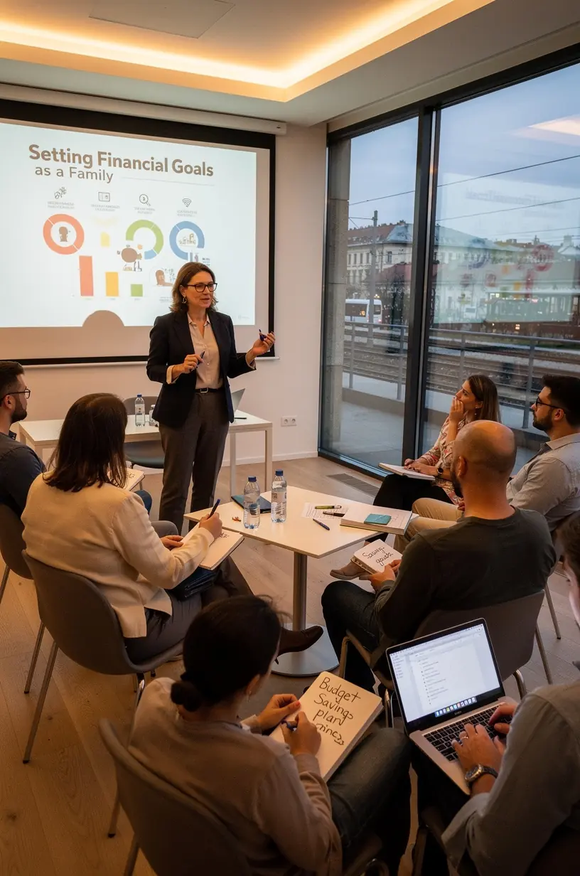 Család tagjai ülnek az asztal körül, miközben közösen tervezik pénzügyi költségvetésüket.